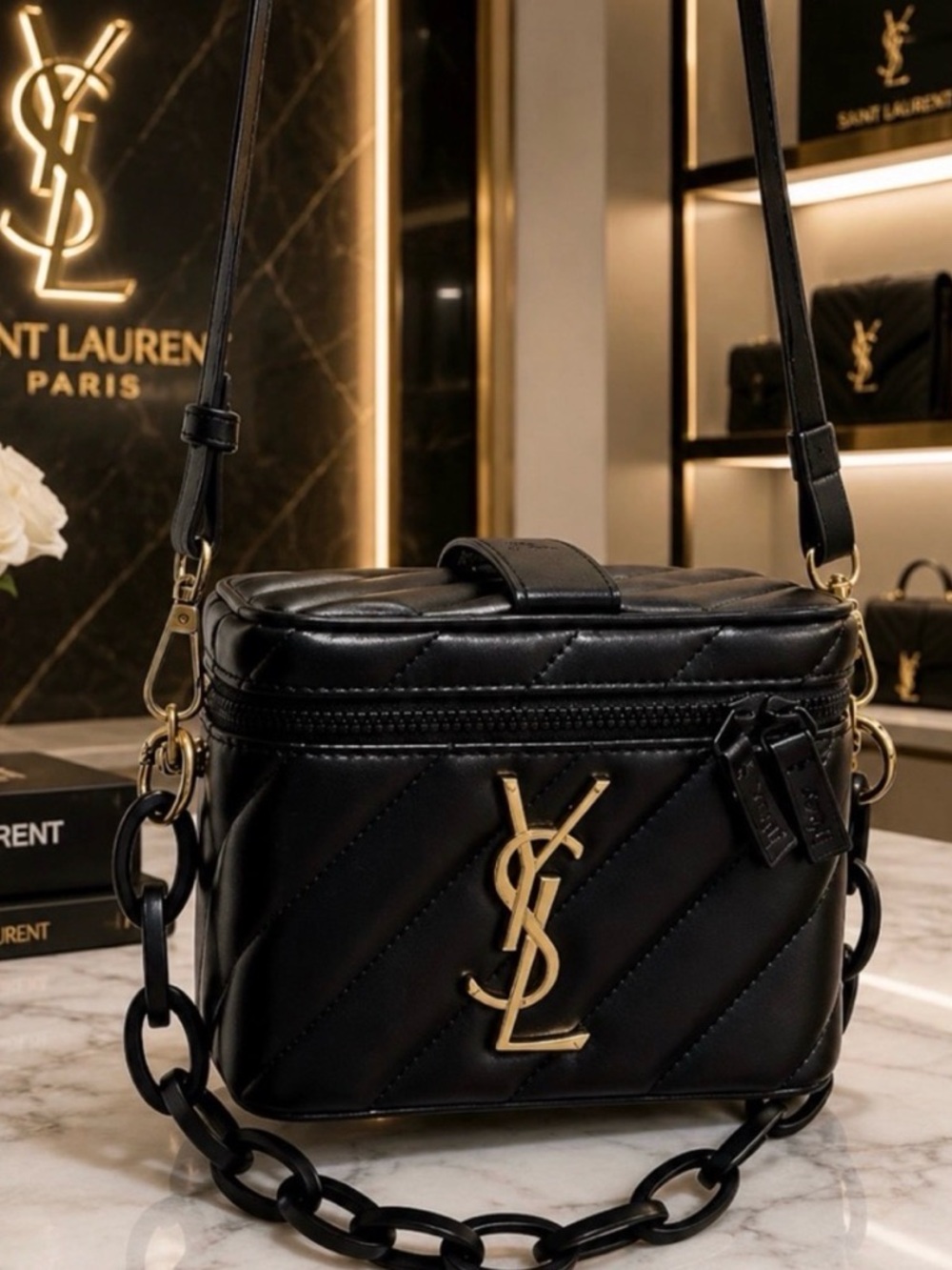 NIB YSL Perfume Collection VIP Black Quilted Leather Beauty Case Black YSL Logo